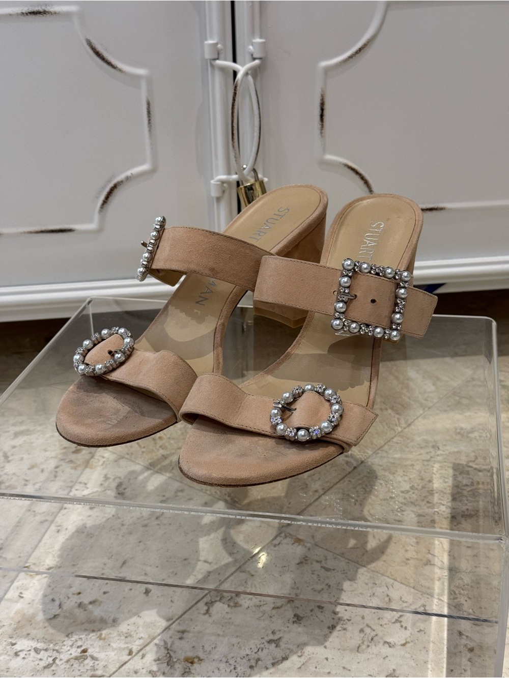 Stuart Weitzman Blush Suede Crystal-Buckle Mules